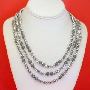 18 inch, Vintage Gray Beads Silver Tone Curb Chains Multistrand Necklace - O34